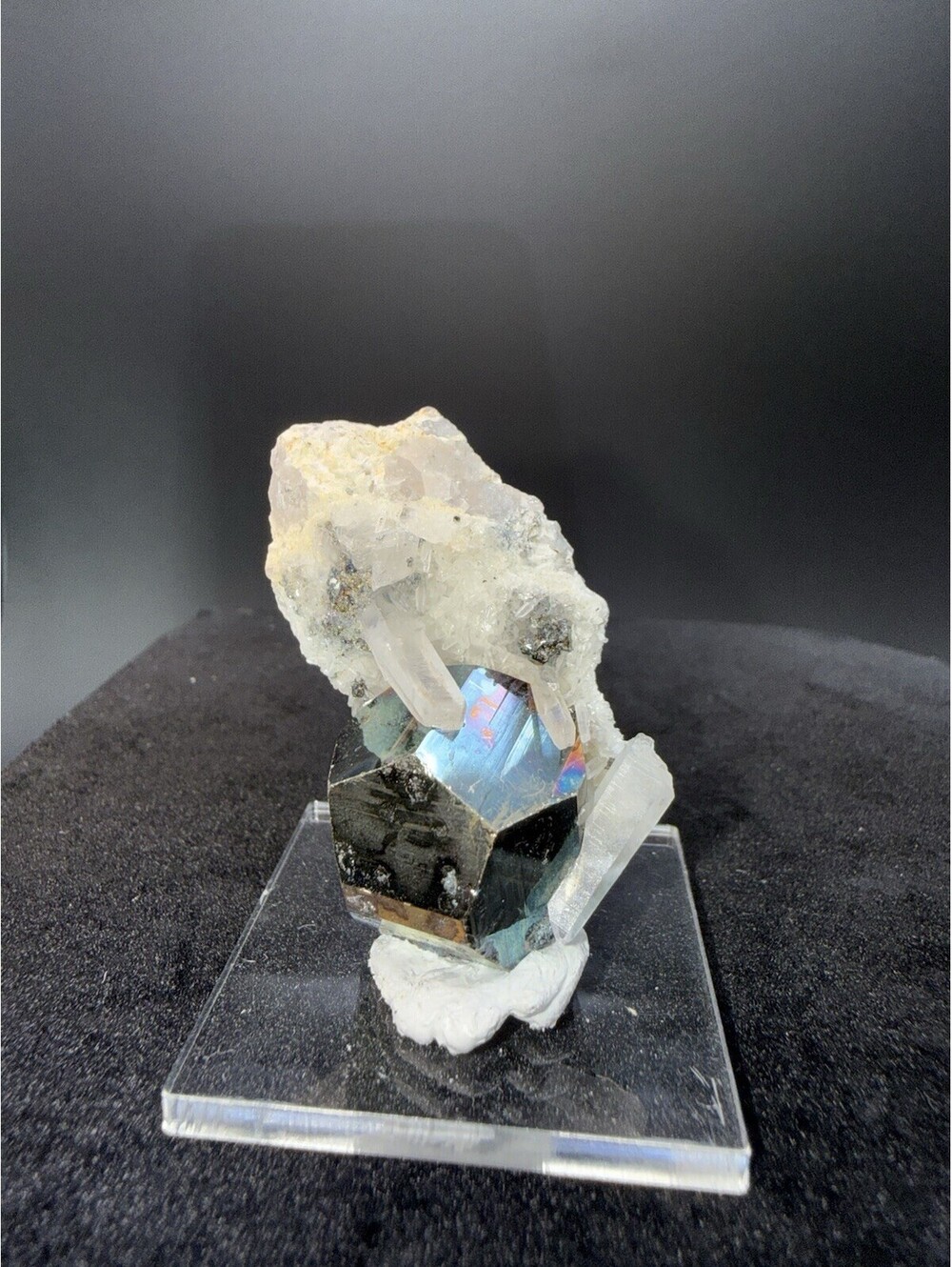 Naturally Iridescent Pyrite On Quartz Indonesia, Rainbow Mineral Specimen